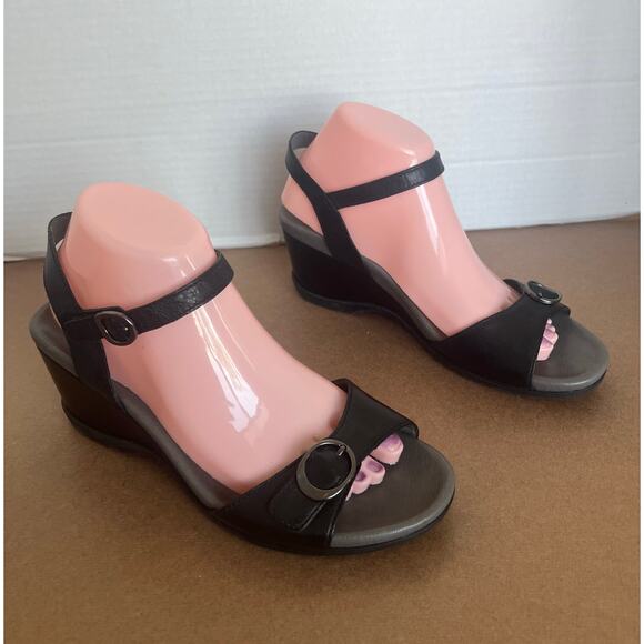 Dansko Arielle Gray/Black Leather Ankle Buckle Wedge Comfort Sandals US 8.5-9 - Picture 2 of 11